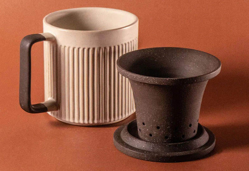 直紋泡茶杯550ml-粉引白（杯、茶濾內膽、蓋子三件式）